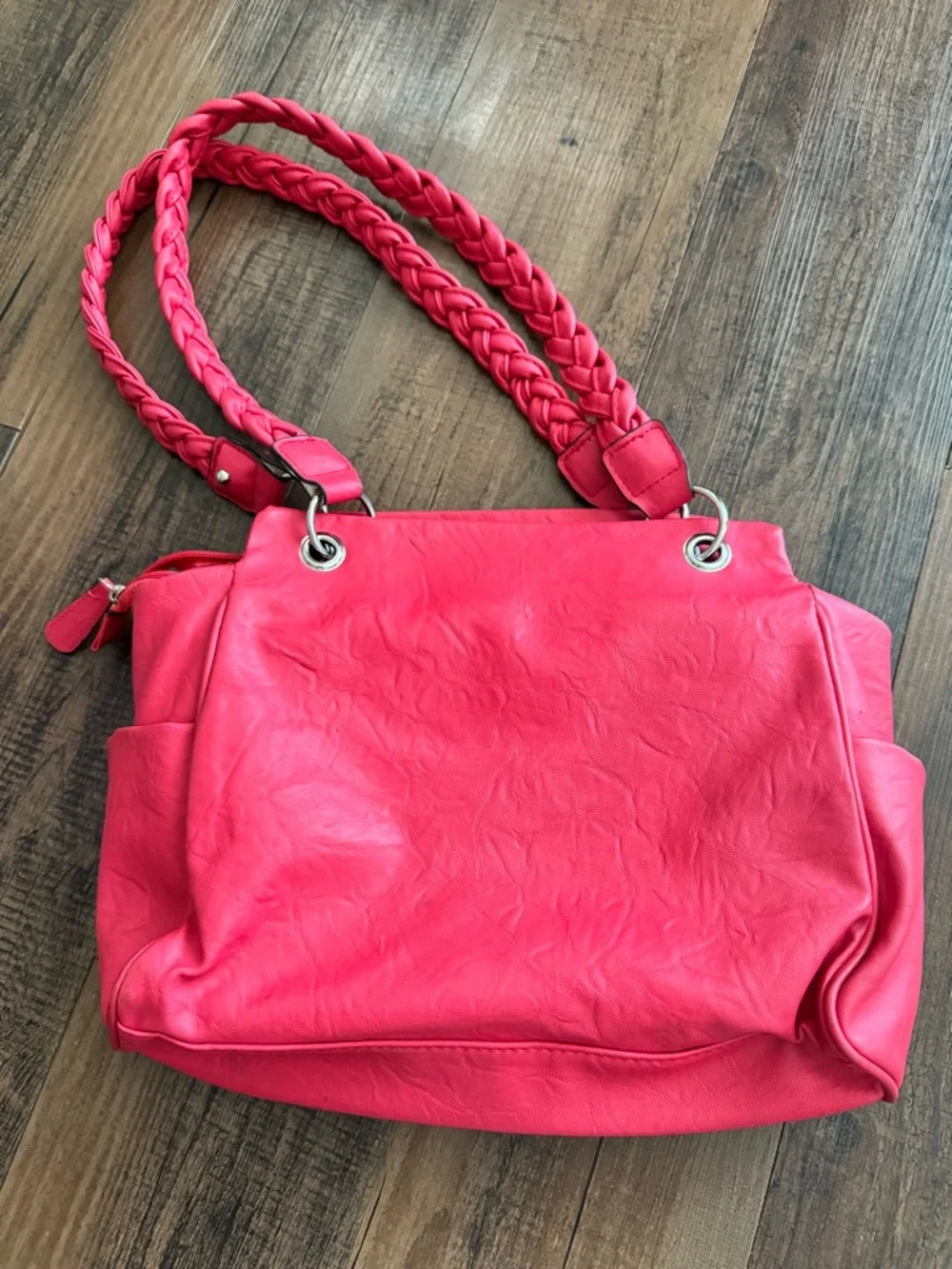 Rosetti Braided Handle Handbag Faux Leather Shoulder Bag Salmon Pink 14”x9.5”.